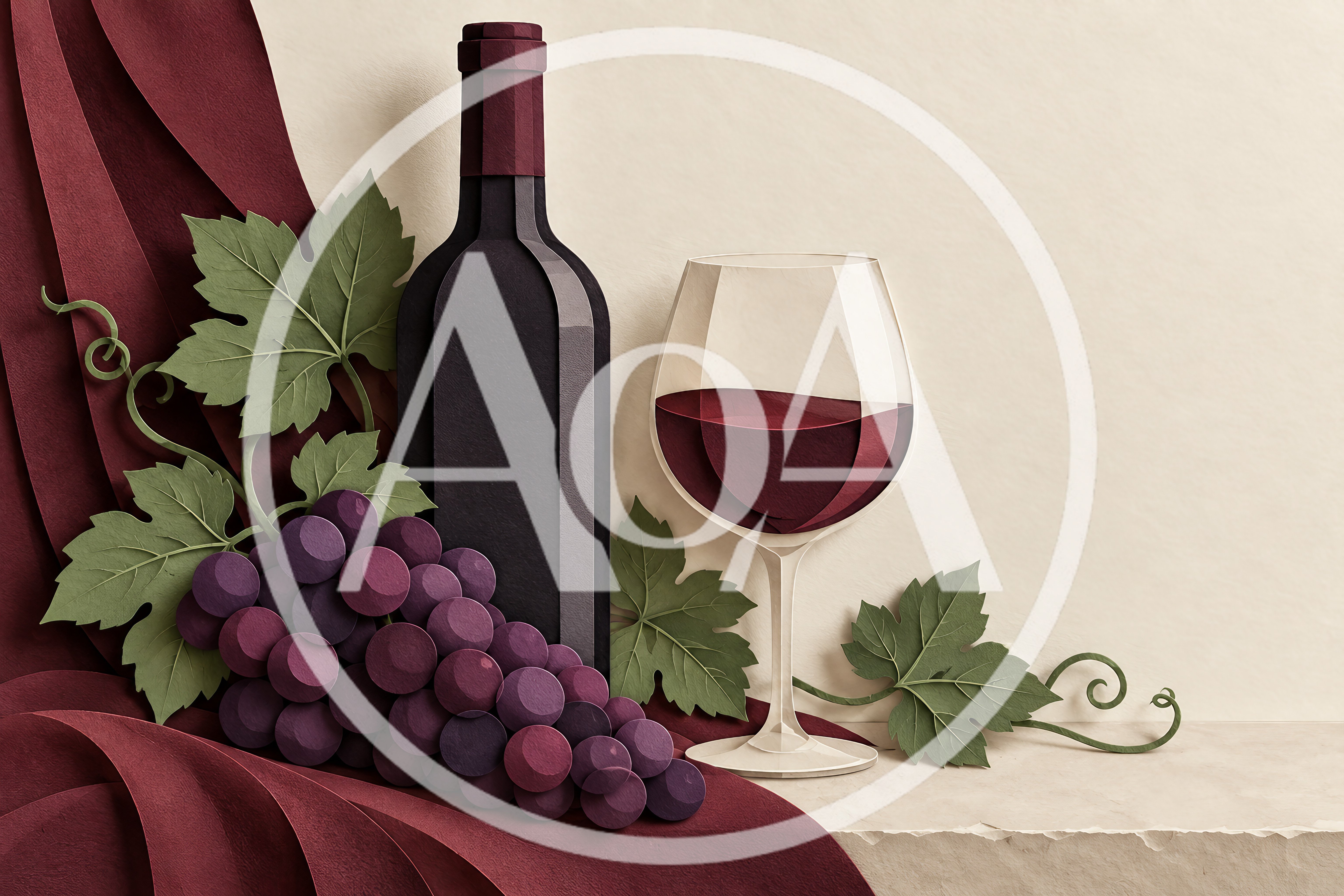 Paper Cutout Style Wine Bottle and Grapes Still Life