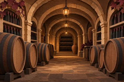 Rustic Wine Cellar With Wooden Barrels And Wine Bottles