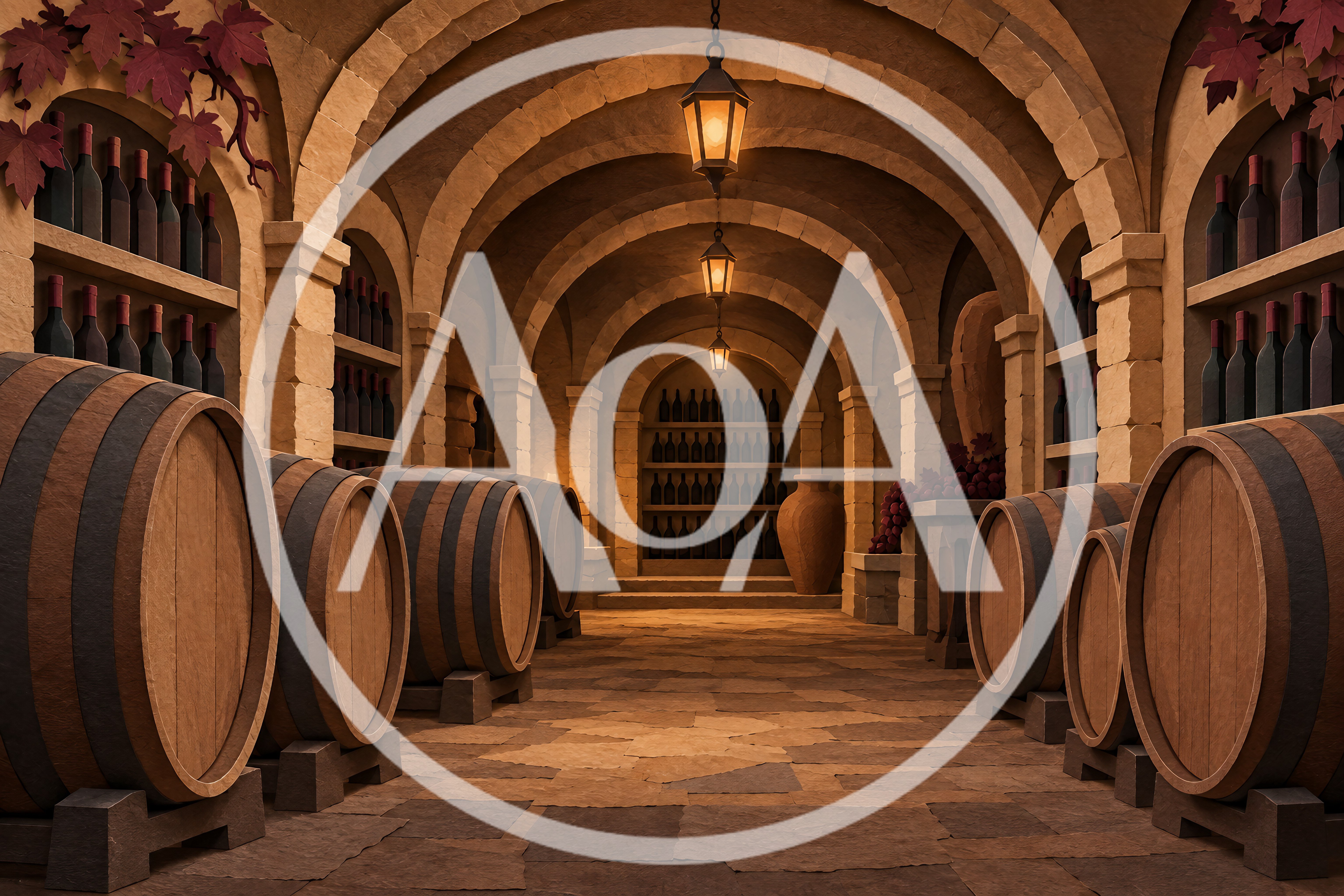 Rustic Wine Cellar With Wooden Barrels And Wine Bottles