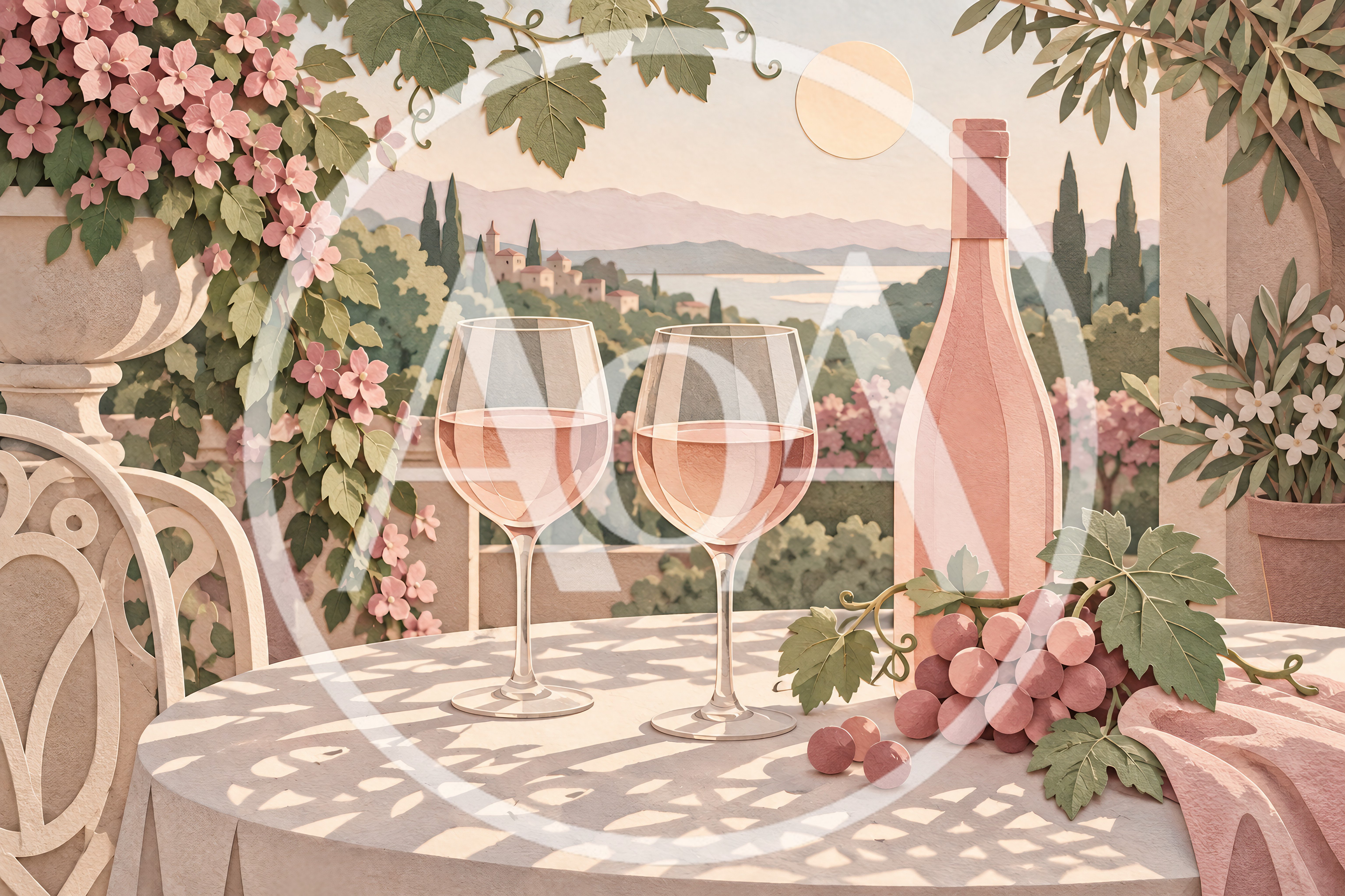 Two Glasses Of Rose Wine On A Mediterranean Terrace