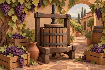 Traditional Wooden Grape Press In A Mediterranean Vineyard