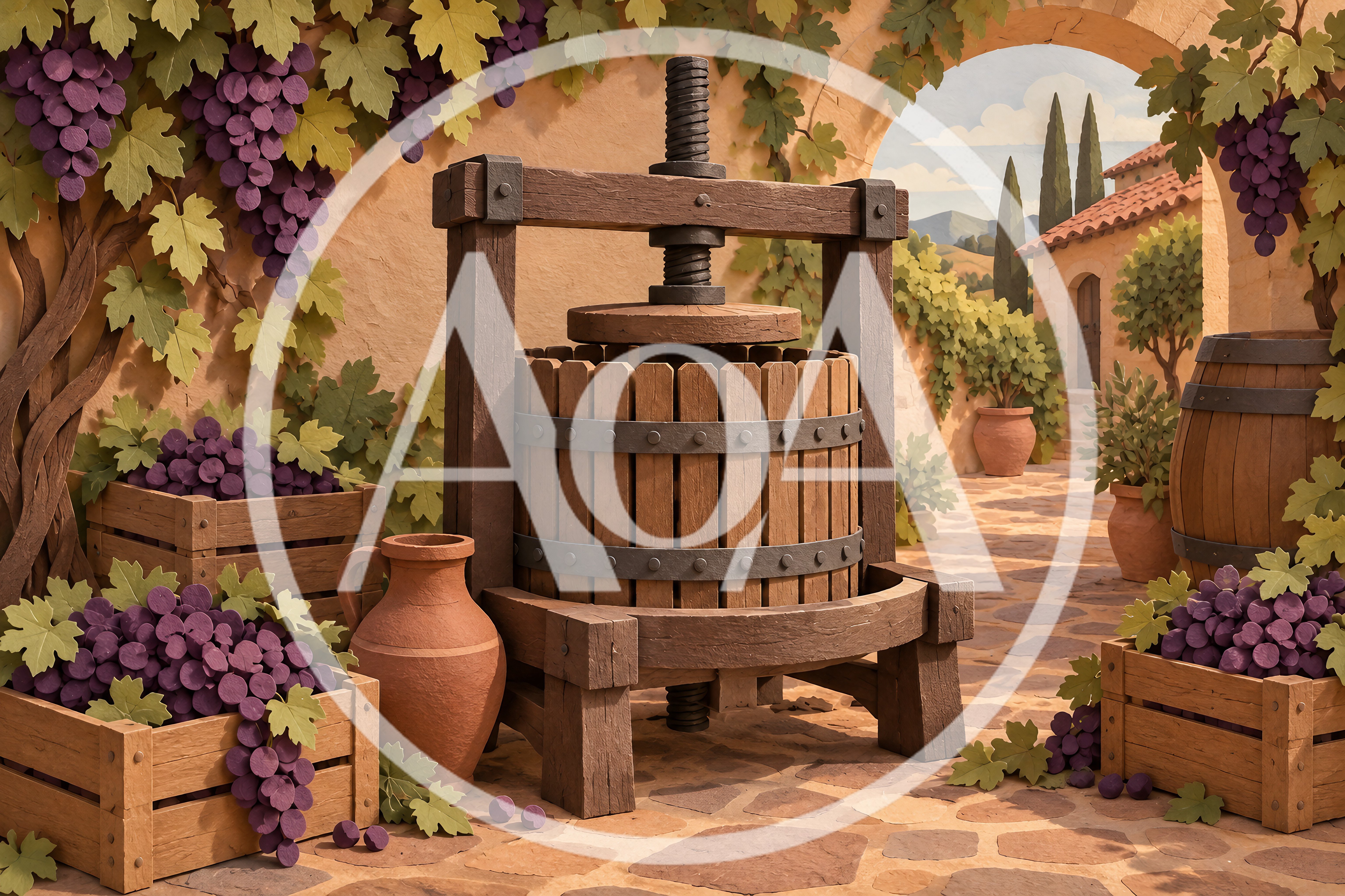 Traditional Wooden Grape Press In A Mediterranean Vineyard