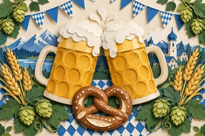 Paper Craft Oktoberfest Celebration With Beer And Pretzels