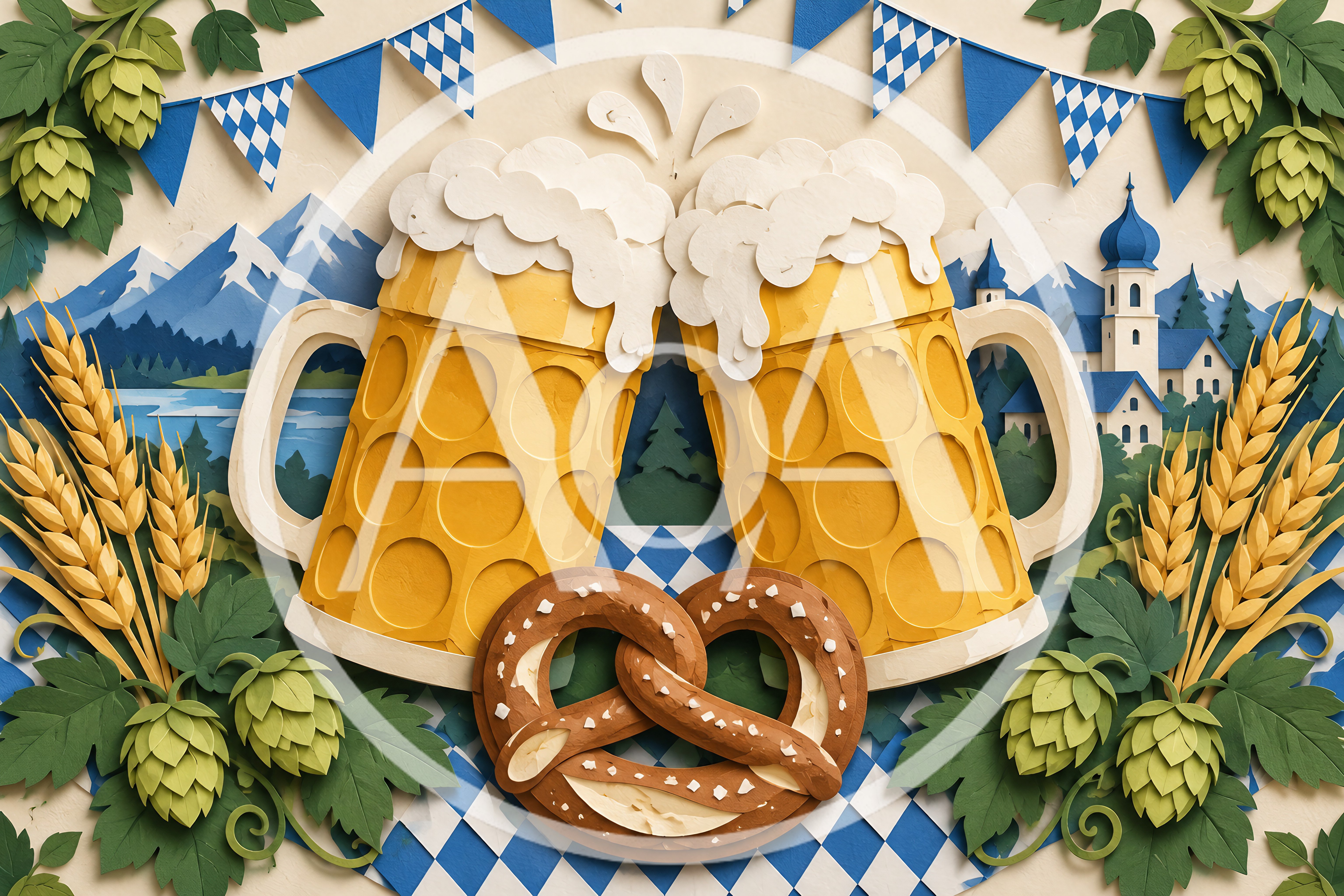 Paper Craft Oktoberfest Celebration With Beer And Pretzels
