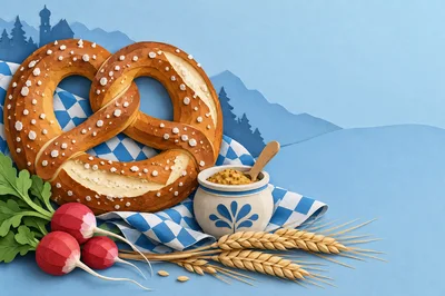 Bavarian Pretzel With Mustard And Radishes On Blue Background