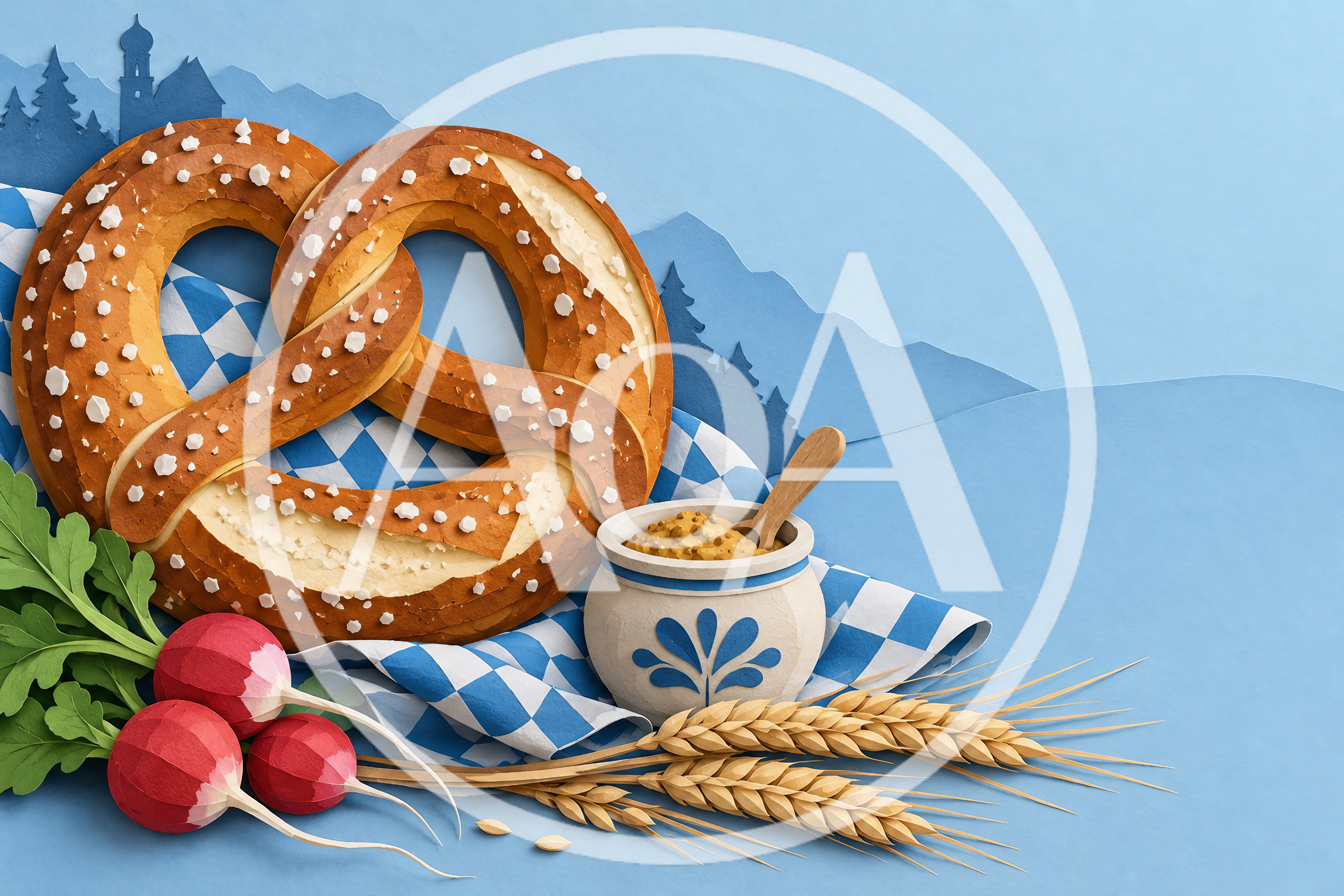 Bavarian Pretzel With Mustard And Radishes On Blue Background