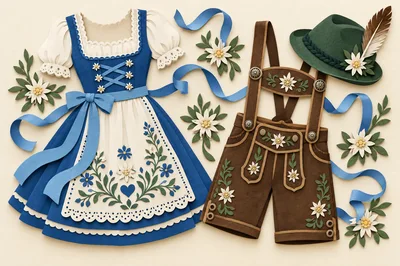 Traditional Bavarian Dirndl and Lederhosen Paper Craft Illustration