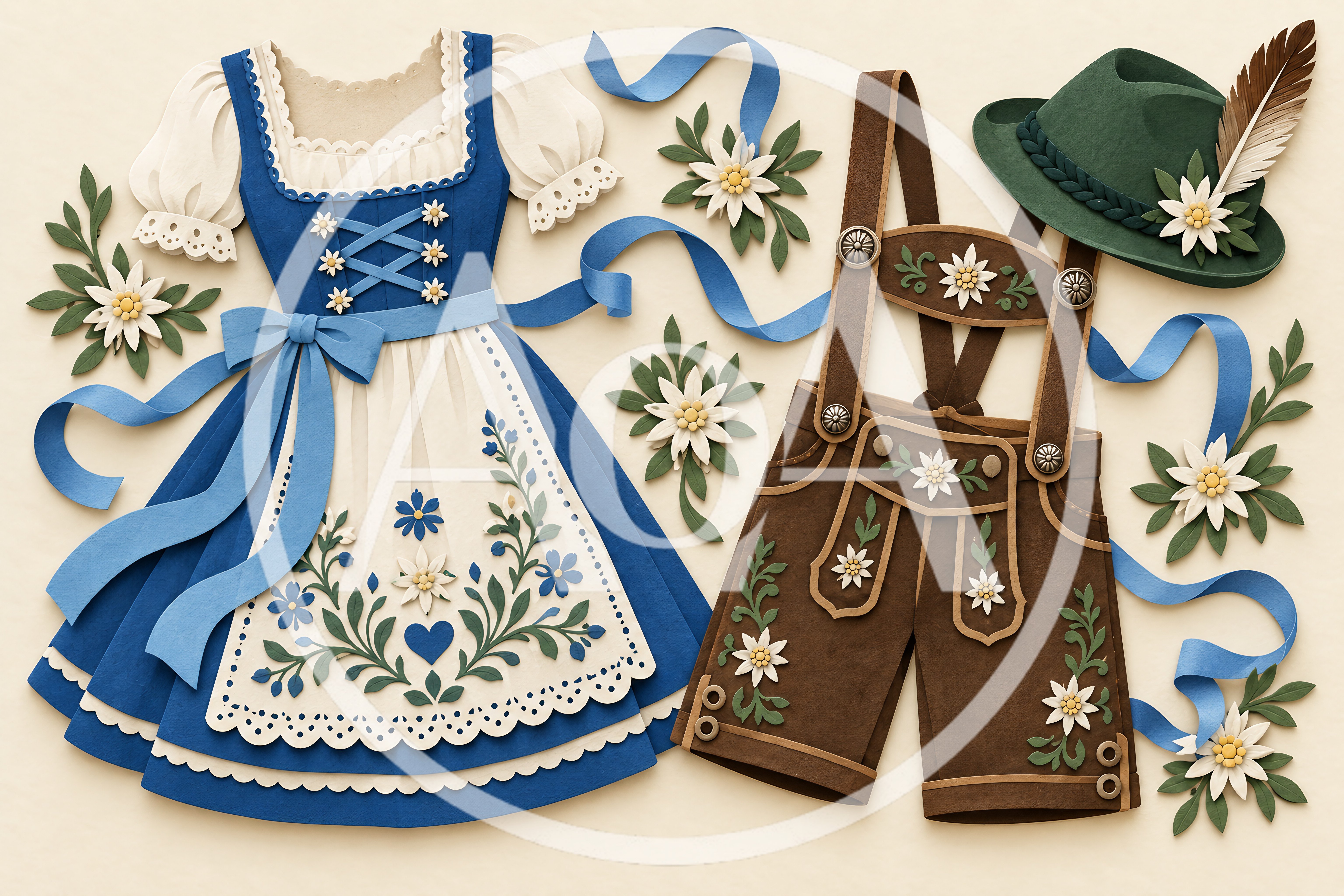 Traditional Bavarian Dirndl and Lederhosen Paper Craft Illustration