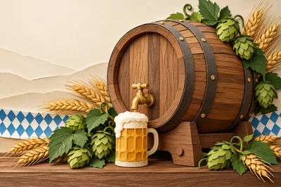 Wooden Beer Barrel With Tap And Frothy Mug