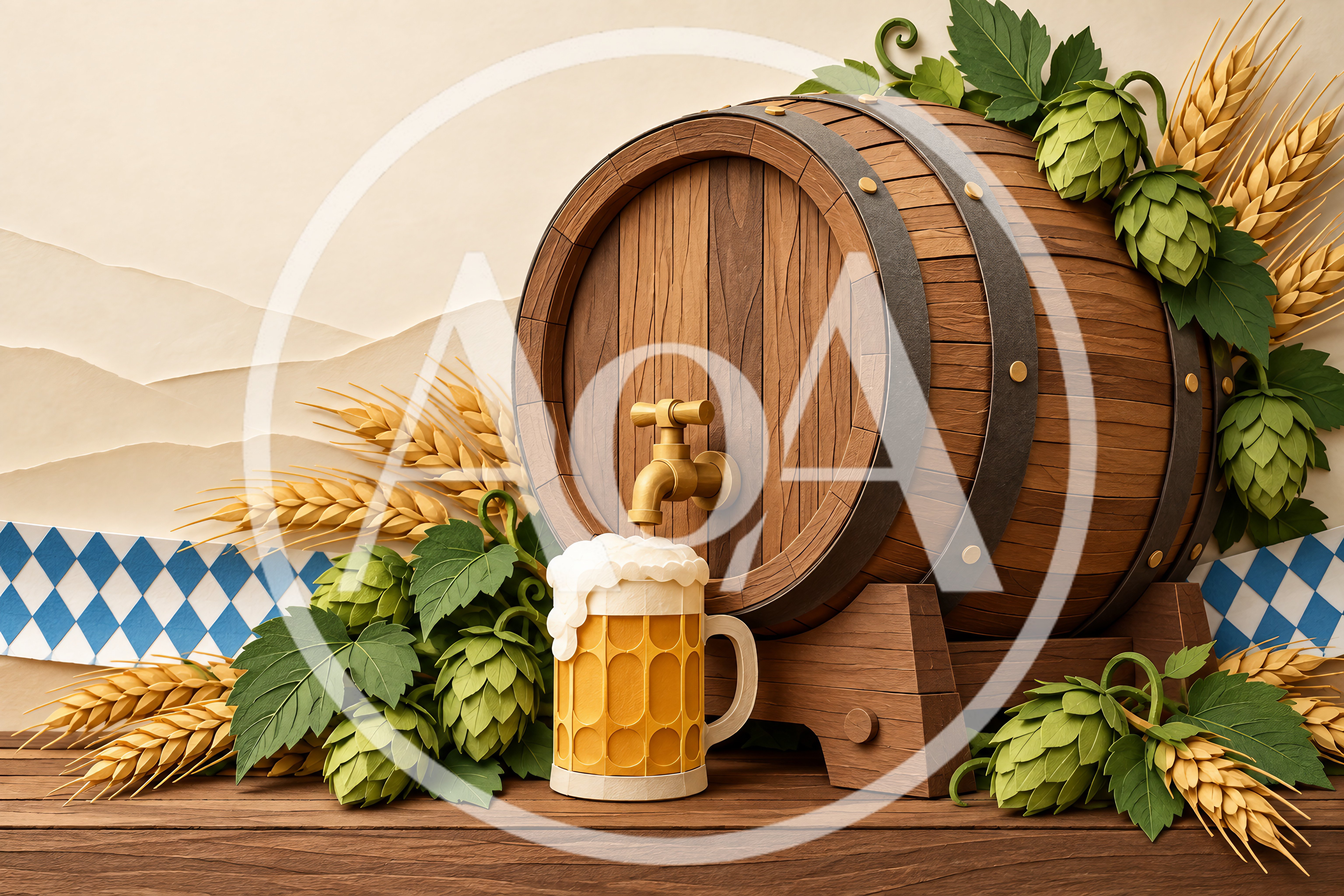 Wooden Beer Barrel With Tap And Frothy Mug