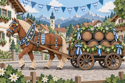 Draft Horse Pulling Beer Barrel Wagon in Bavarian Village