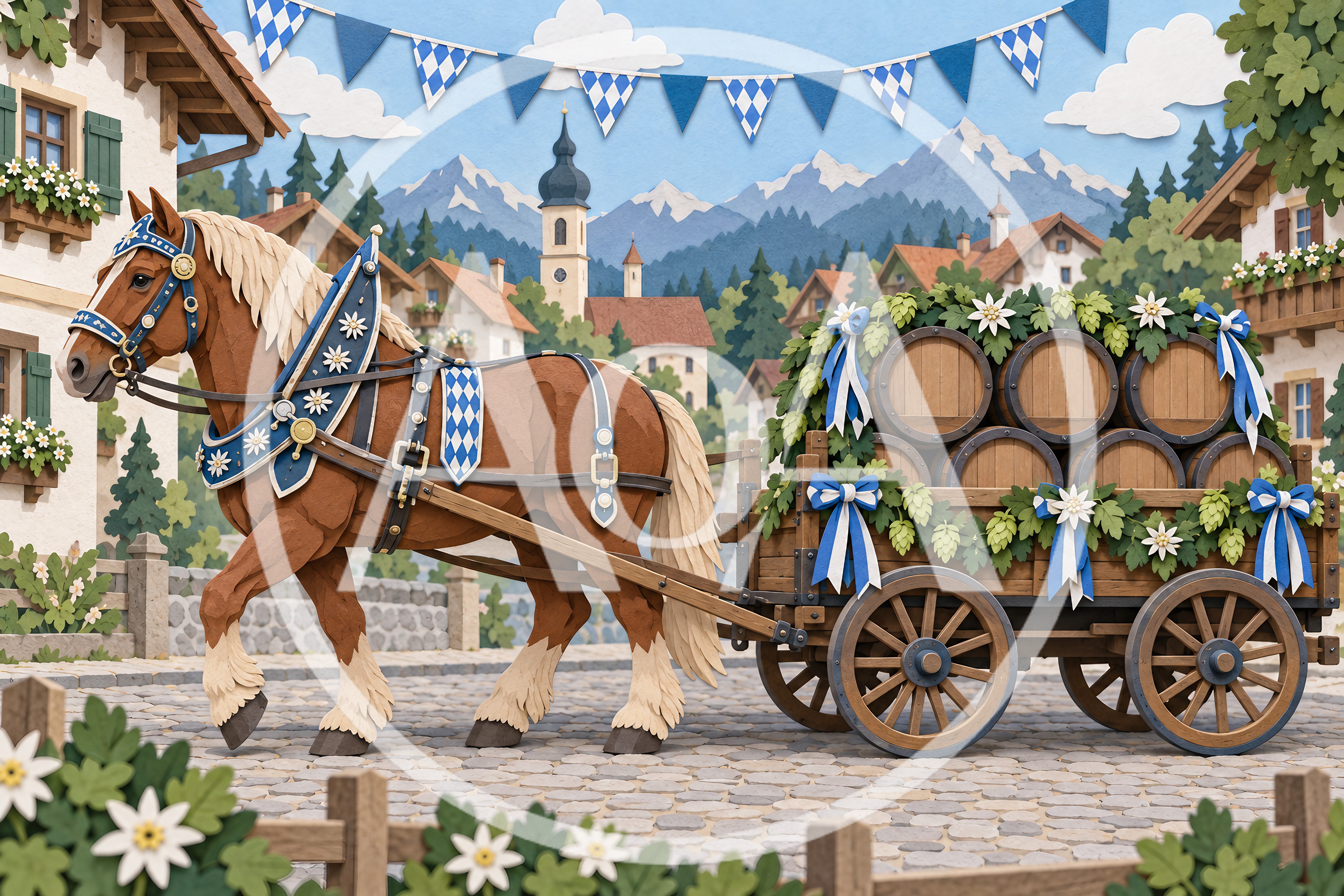 Draft Horse Pulling Beer Barrel Wagon in Bavarian Village