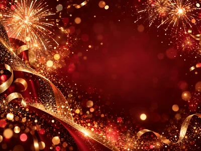 Festive Red Background With Golden Ribbons And Fireworks