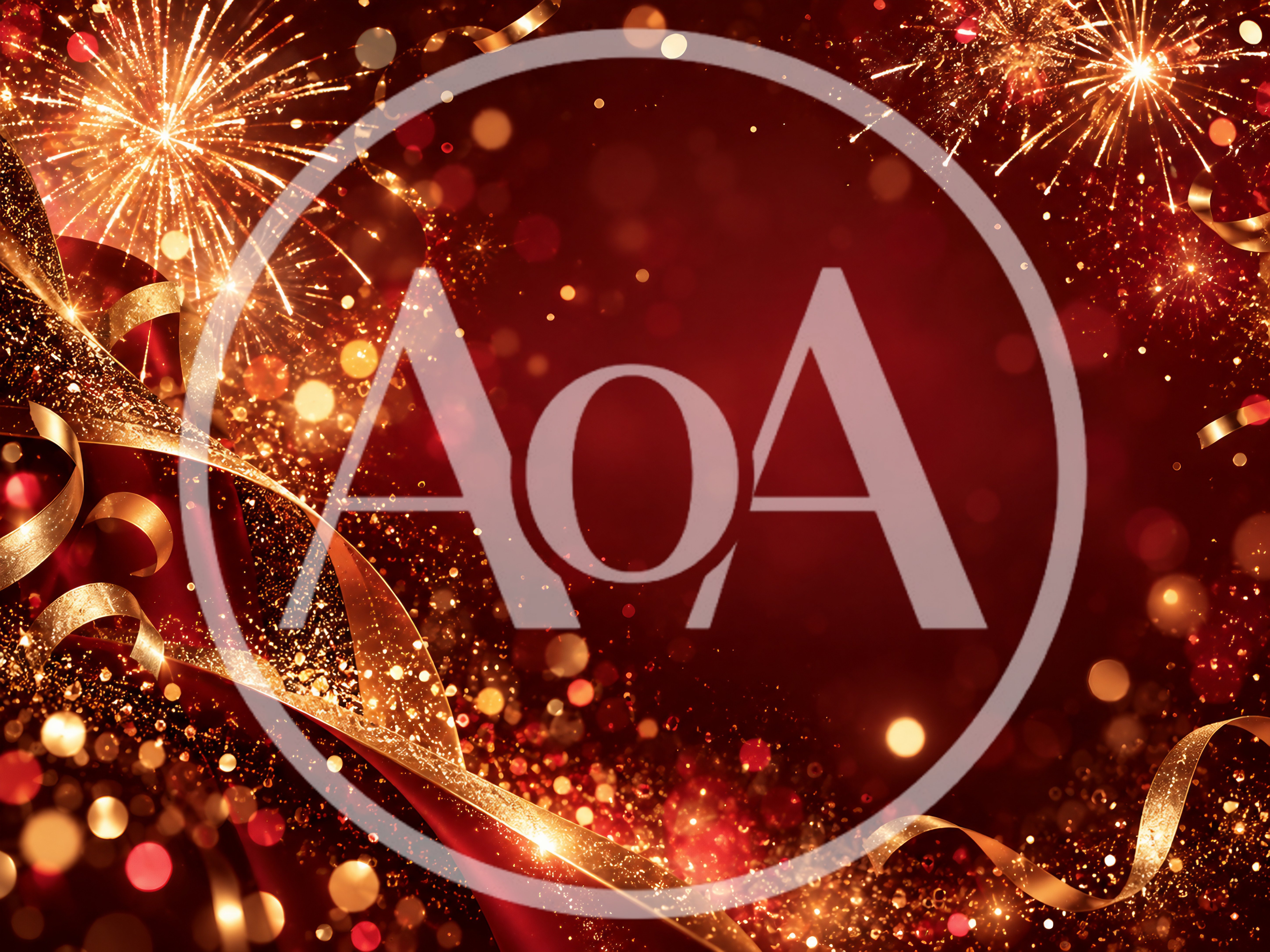 Festive Red Background With Golden Ribbons And Fireworks