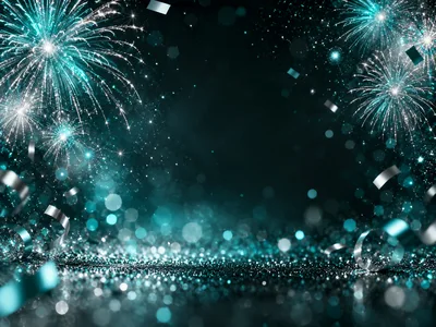 Teal Fireworks and Confetti Celebration Background