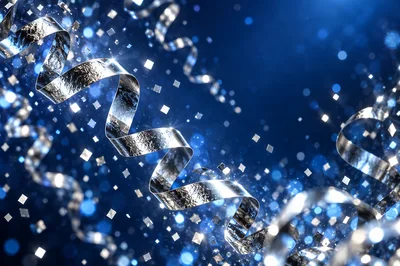 Silver Party Streamers and Confetti on Blue Background