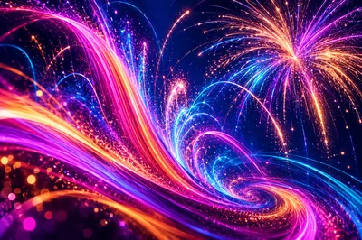 Abstract Neon Light Trails And Fireworks Explosion