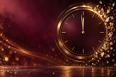 Golden Clock Striking Midnight With Abstract Particles