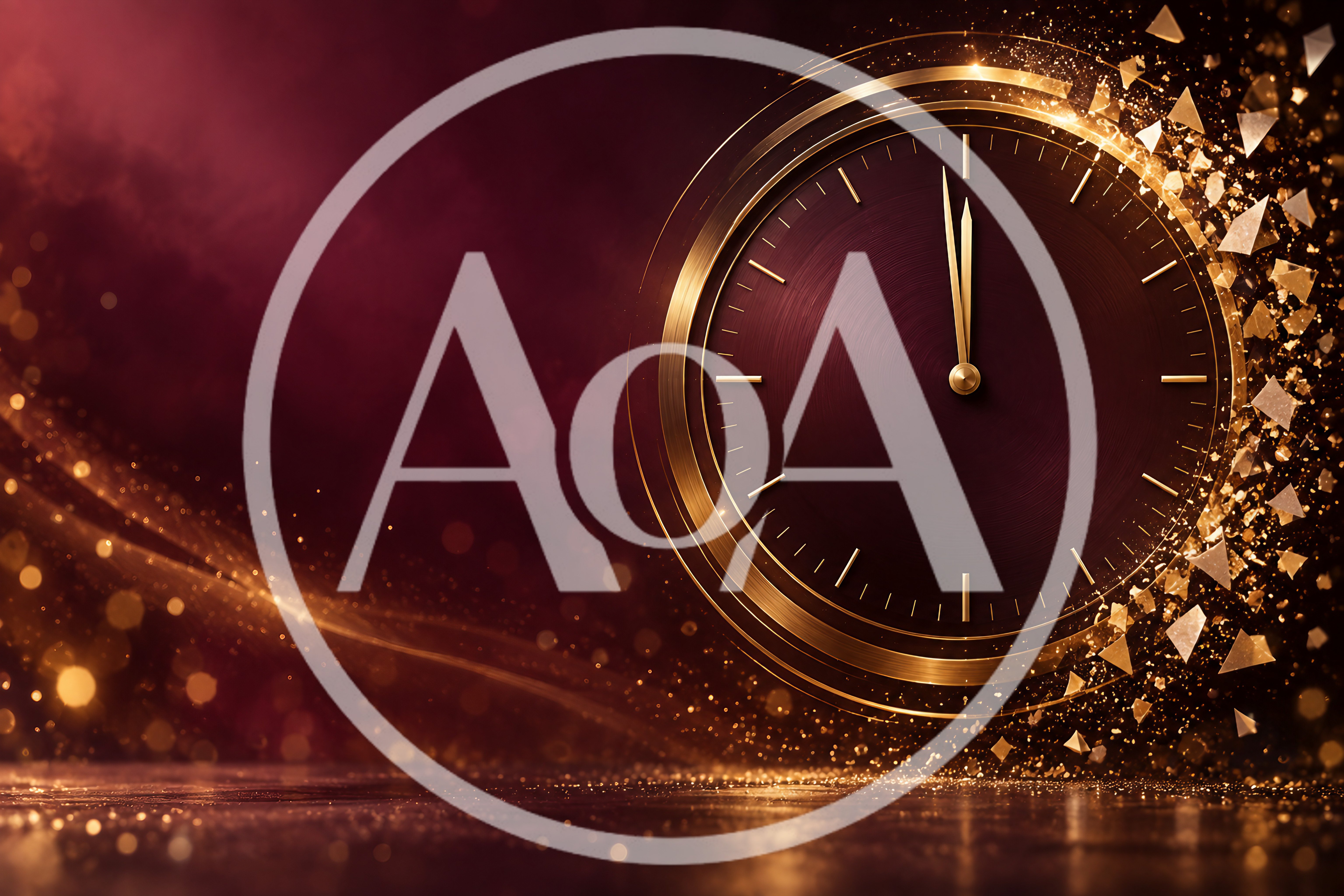 Golden Clock Striking Midnight With Abstract Particles