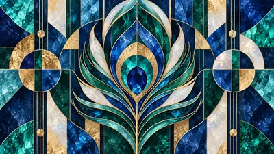 Art Deco Peacock Feather Pattern With Geometric Marble Textures
