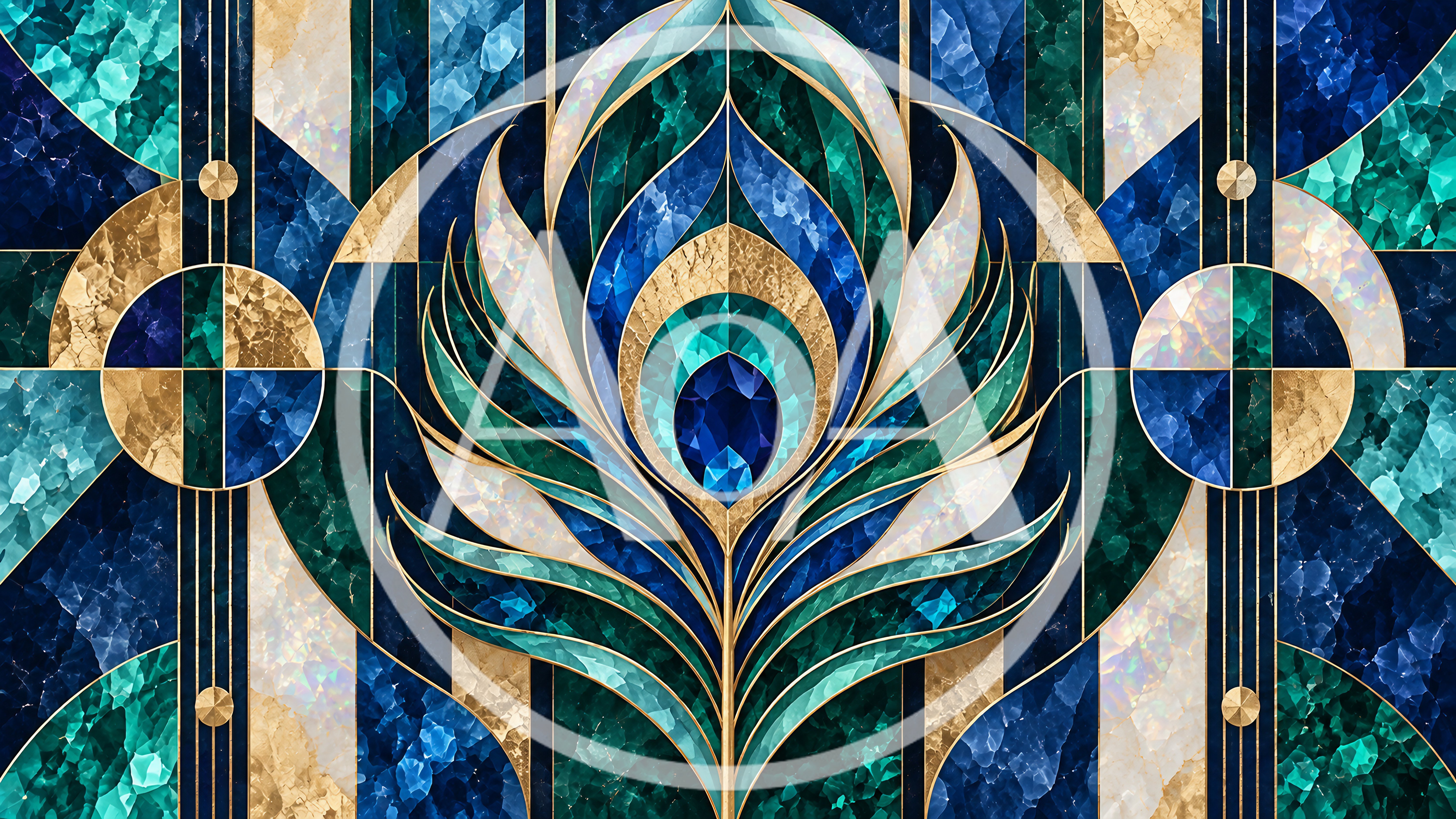 Art Deco Peacock Feather Pattern With Geometric Marble Textures