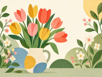Still Life Illustration of Tulips in a Vase