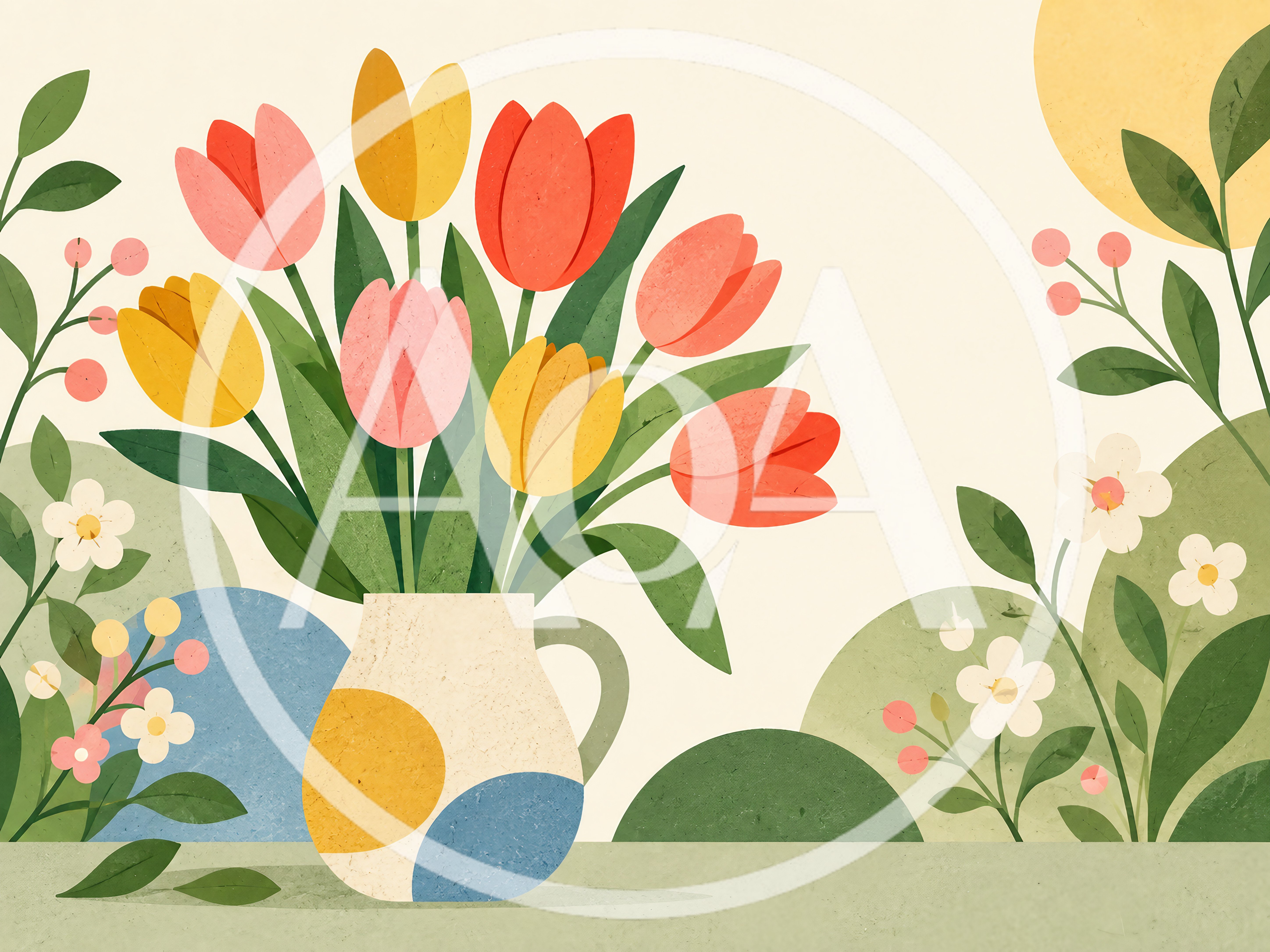 Still Life Illustration of Tulips in a Vase
