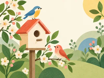 Two Birds Perched Near A Wooden Birdhouse In Spring