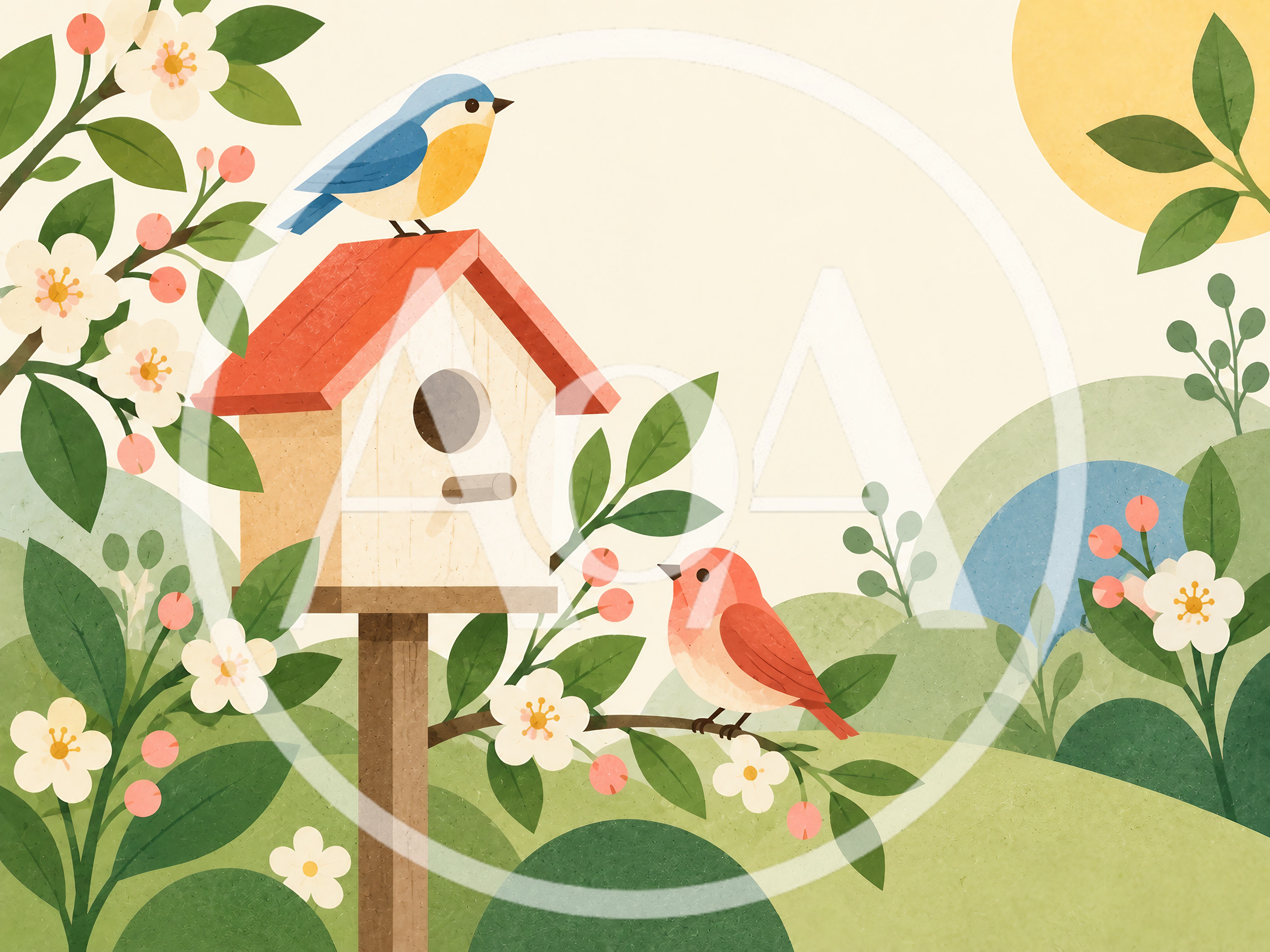 Two Birds Perched Near A Wooden Birdhouse In Spring