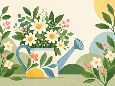 Watercolor Illustration Of Daisies In A Watering Can