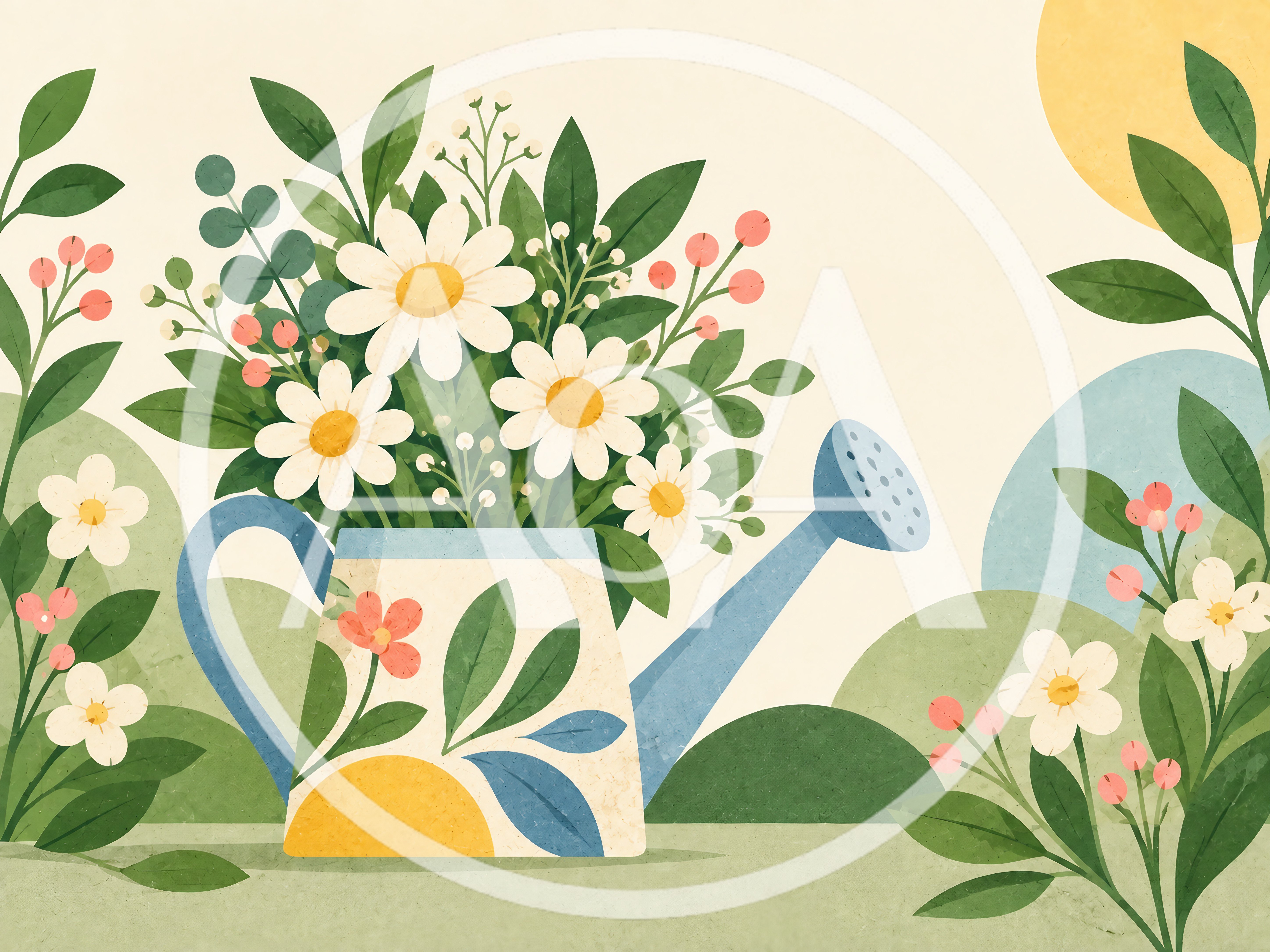 Watercolor Illustration Of Daisies In A Watering Can