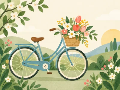 Vintage Blue Bicycle With Flower Basket In Spring Landscape