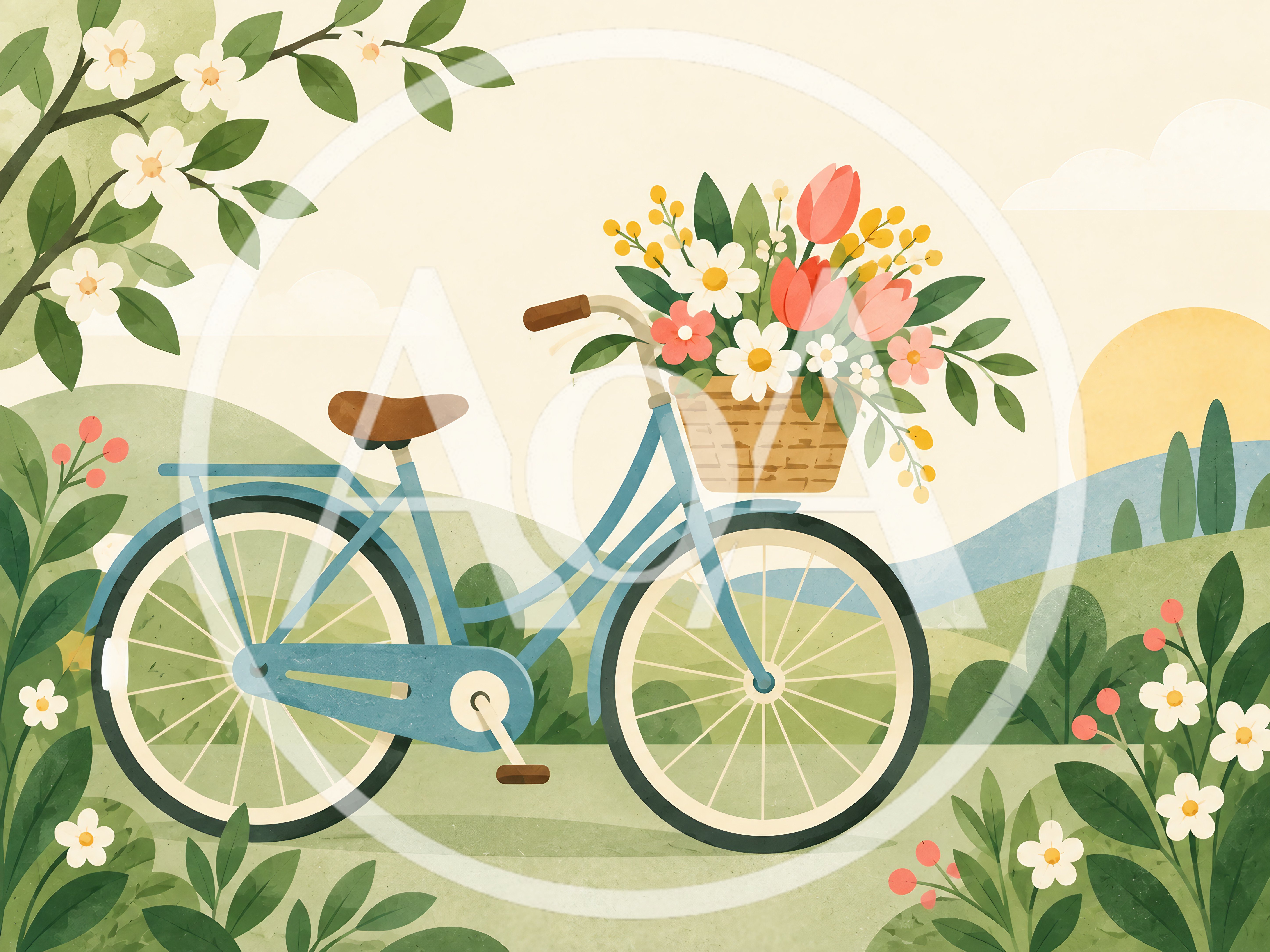 Vintage Blue Bicycle With Flower Basket In Spring Landscape