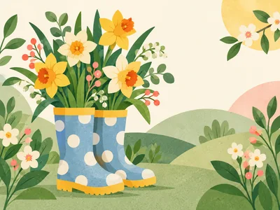 Spring Daffodils In Polka Dot Rain Boots