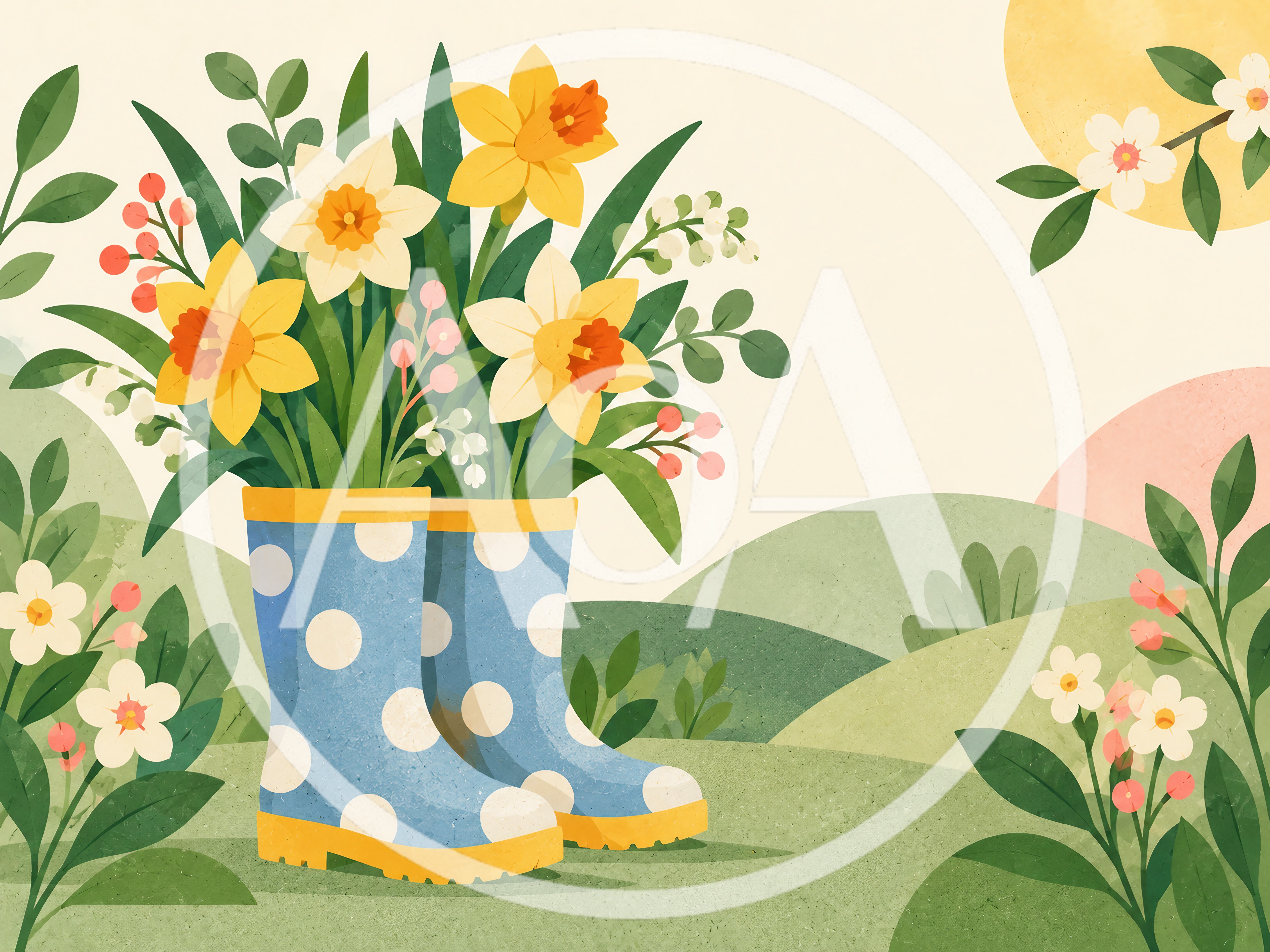 Spring Daffodils In Polka Dot Rain Boots