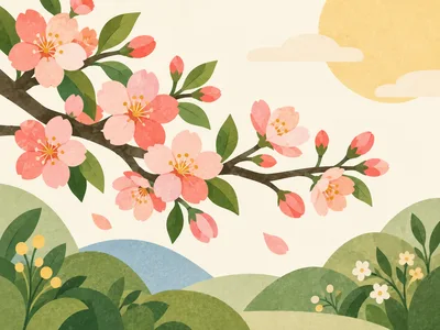 Cherry Blossom Branch Over Rolling Green Hills