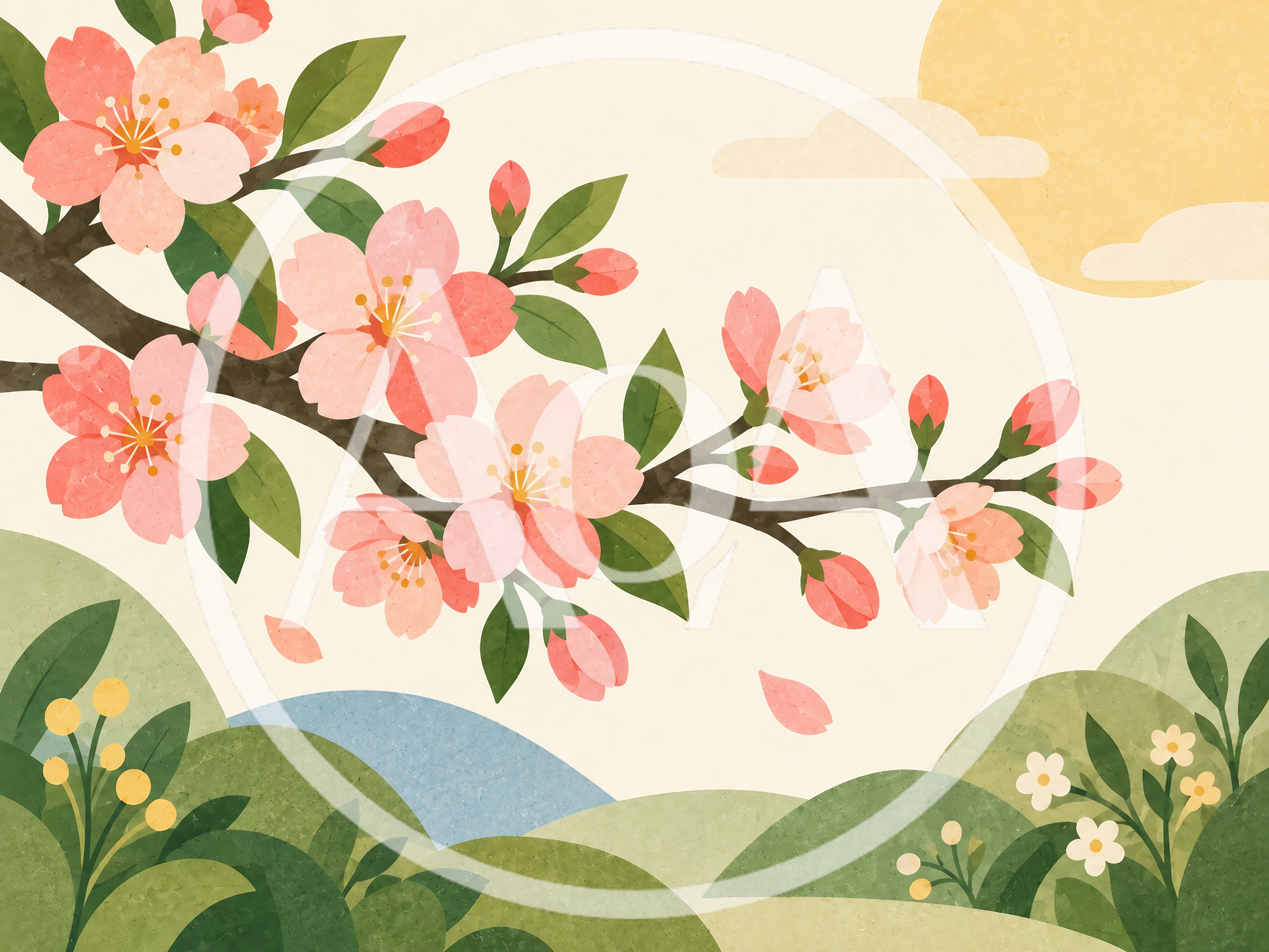 Cherry Blossom Branch Over Rolling Green Hills