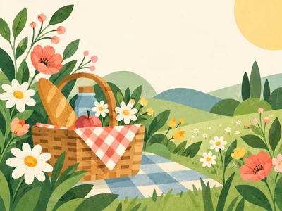 Picnic Basket With Bread And Fruit In A Meadow