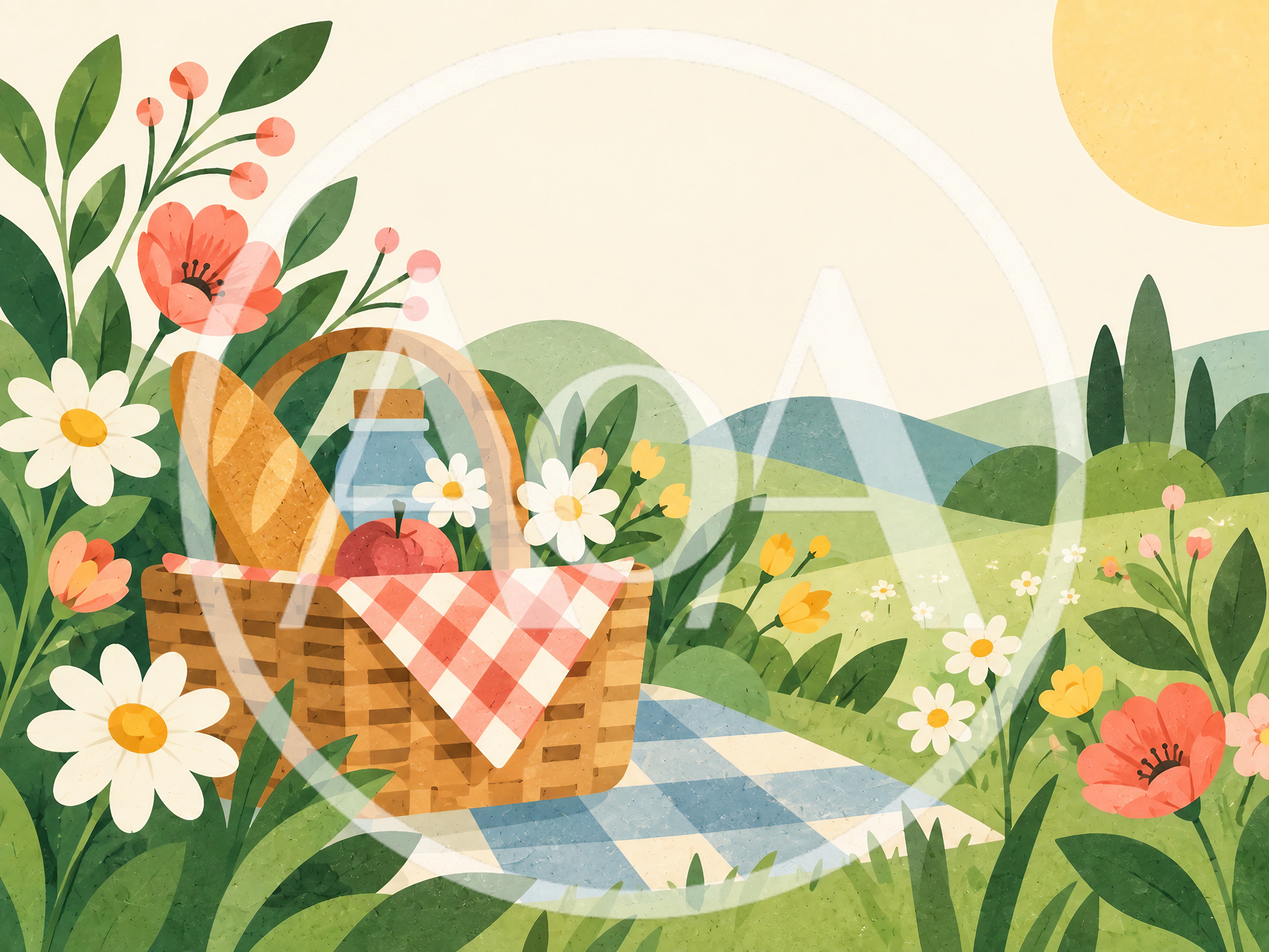 Picnic Basket With Bread And Fruit In A Meadow