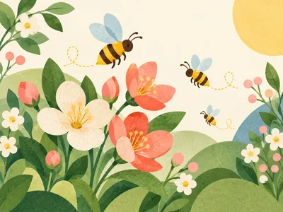 Spring Garden Illustration With Bees And Flowers