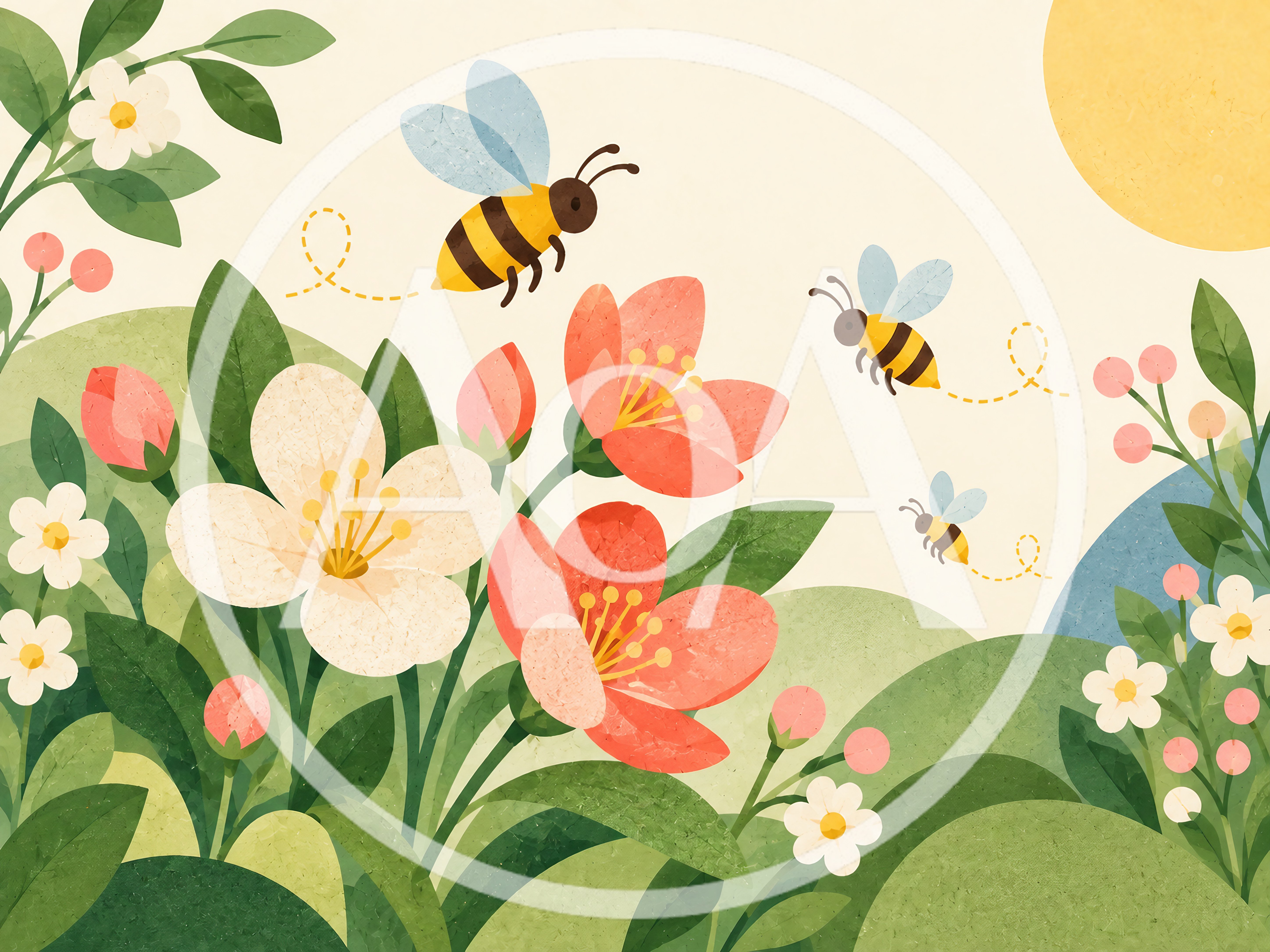 Spring Garden Illustration With Bees And Flowers