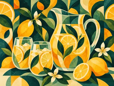 Abstract Geometric Illustration Of Fresh Lemonade Pitcher And Glasses