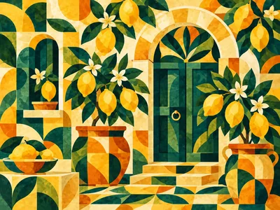 Geometric Mediterranean Lemon Garden Illustration