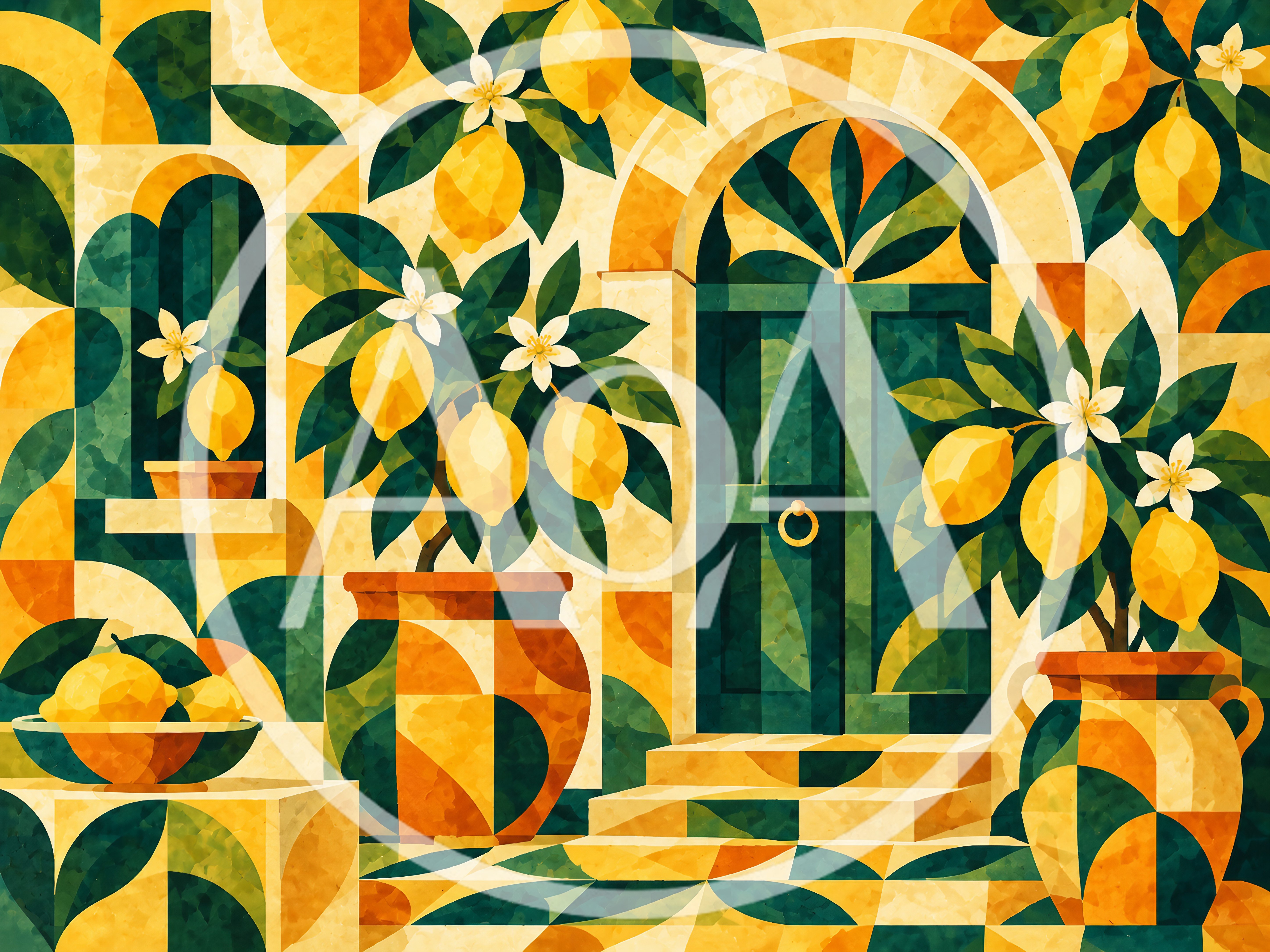 Geometric Mediterranean Lemon Garden Illustration