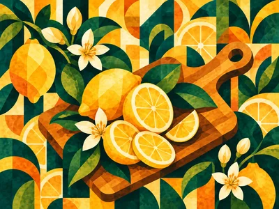 Geometric Illustration Of Fresh Lemons On A Cutting Board