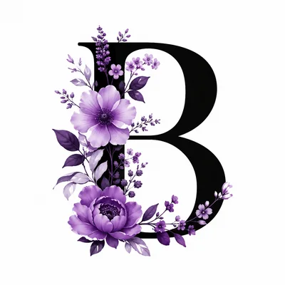 Floral Letter B With Purple Flowers And Leaves