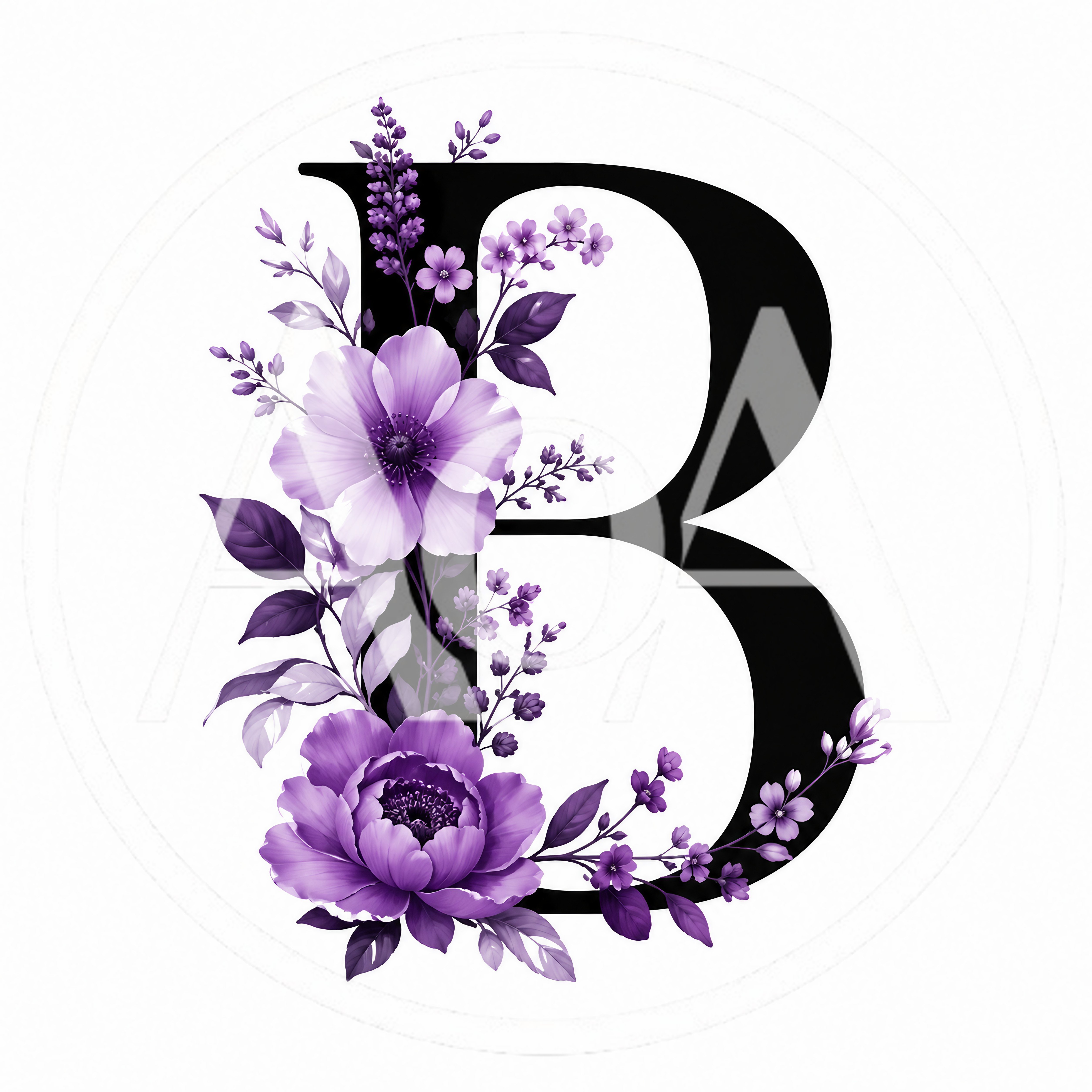 Floral Letter B With Purple Flowers And Leaves