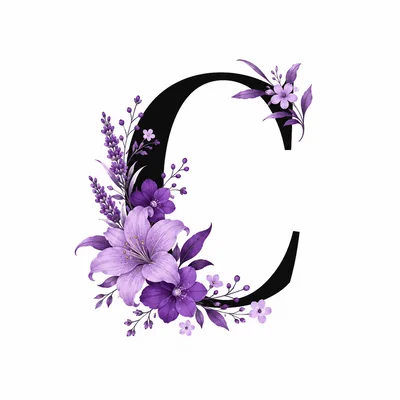 Floral Letter C With Purple Lily And Lavender