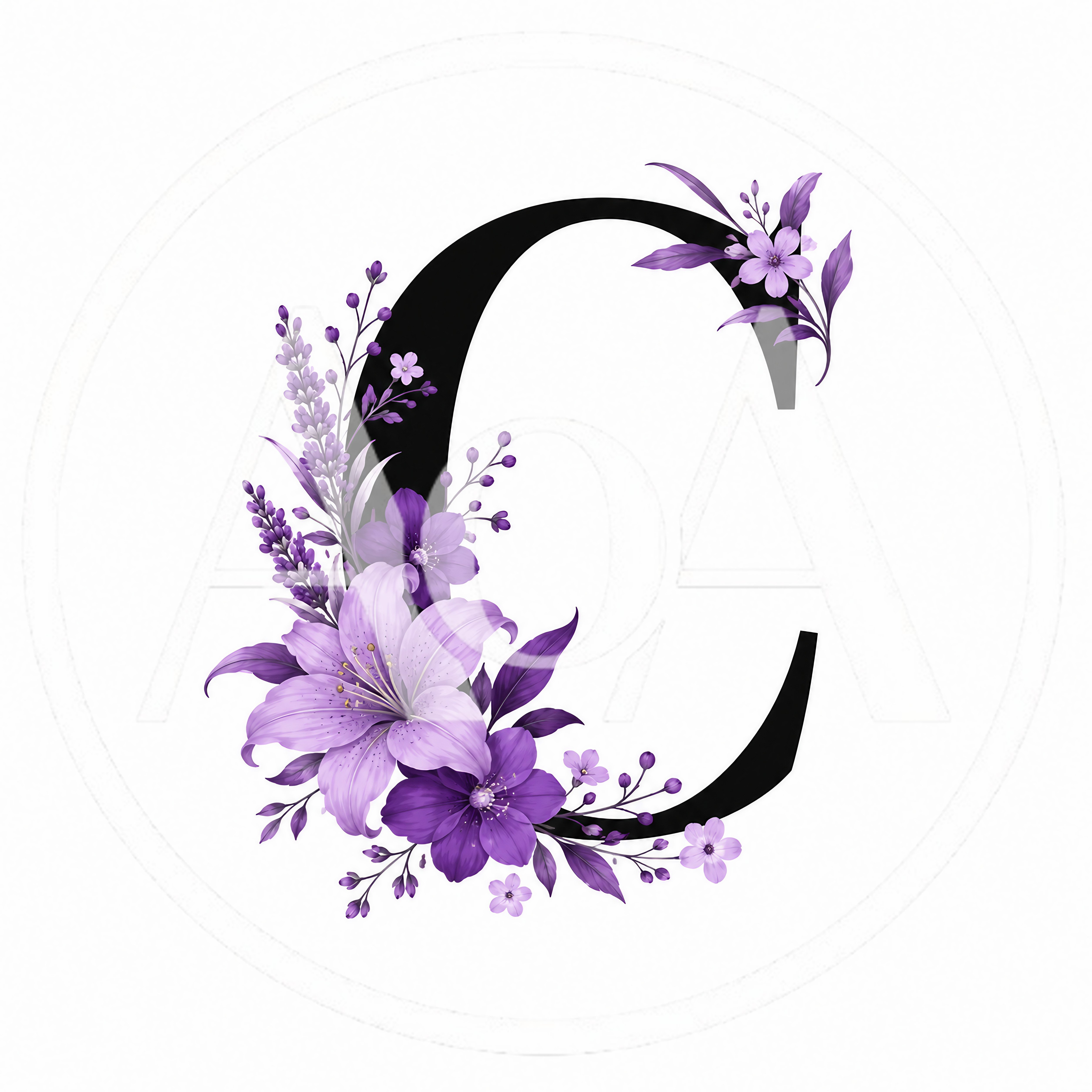 Floral Letter C With Purple Lily And Lavender