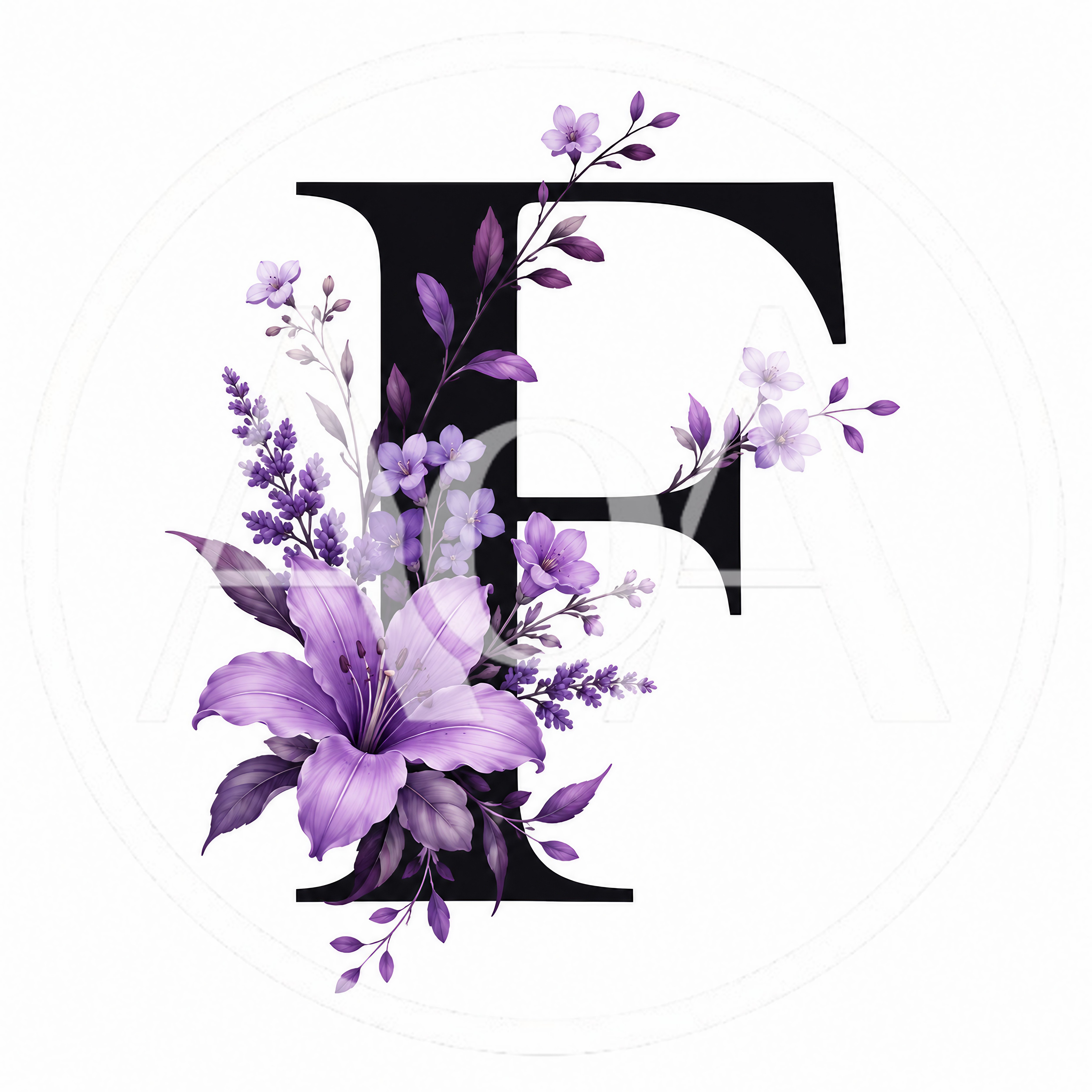Floral Letter F With Purple Lily And Lavender